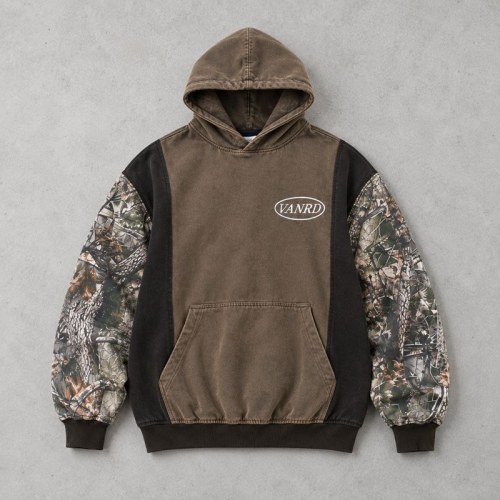 Custom Brown Camouflage Paneling Pullover Hoodie