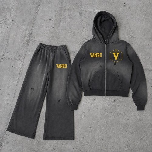 Custom Charcoal Washed Distressed Zip Up Fleece Tracksuit