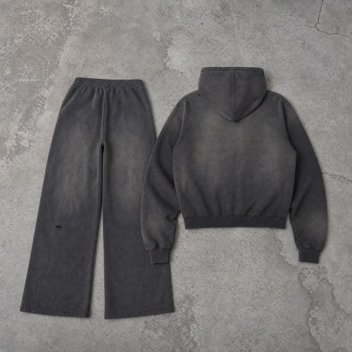 Custom Charcoal Washed Distressed Zip Up Fleece Tracksuit