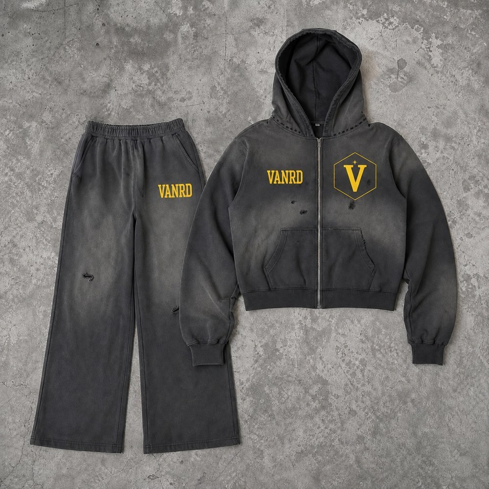 Custom Charcoal Washed Distressed Zip Up Fleece Tracksuit