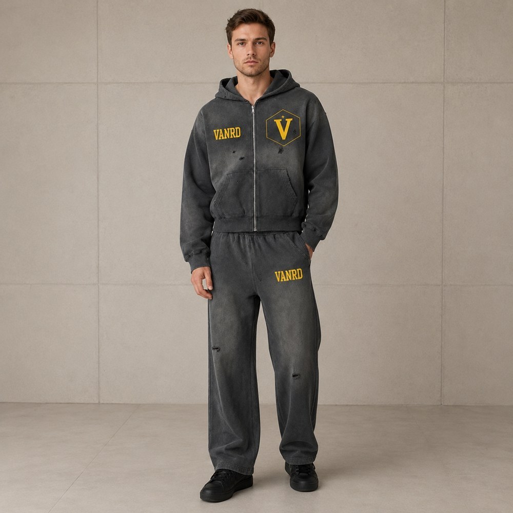 Custom Charcoal Washed Distressed Zip Up Fleece Tracksuit