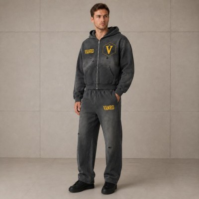 Custom Charcoal Washed Distressed Zip Up Fleece Tracksuit