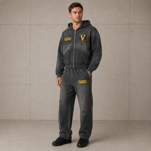 Custom Charcoal Washed Distressed Zip Up Fleece Tracksuit