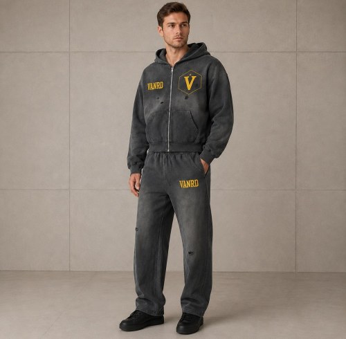 Custom Charcoal Washed Distressed Zip Up Fleece Tracksuit