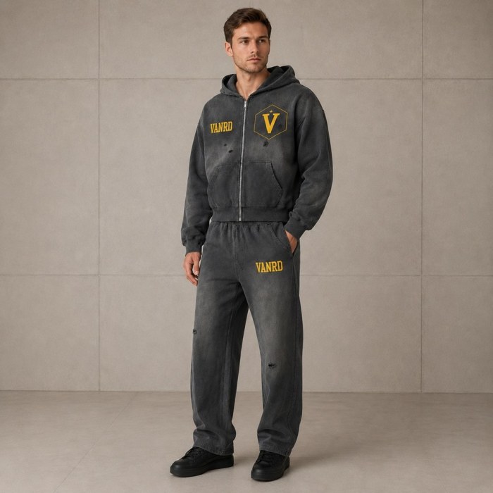 Custom Charcoal Washed Distressed Zip Up Fleece Tracksuit