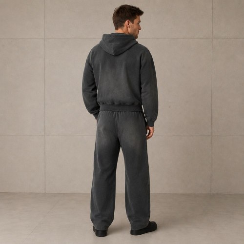 Custom Charcoal Washed Distressed Zip Up Fleece Tracksuit