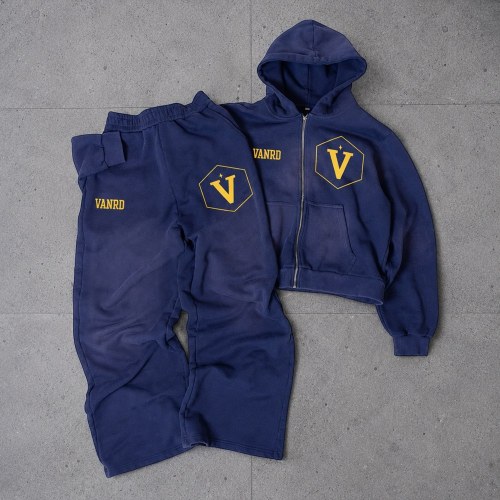 Custom Navy Blue Logo Zip Up Fleece Tracksuit