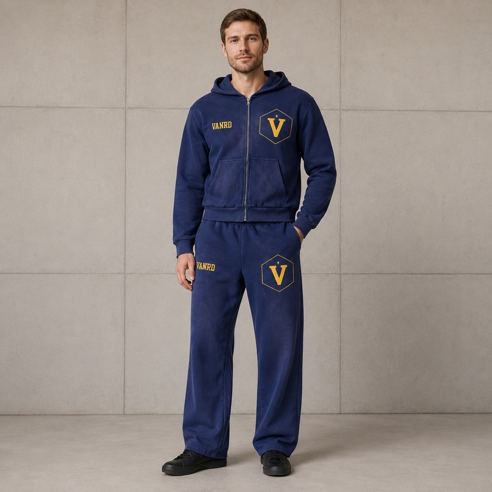 Custom Navy Blue Logo Zip Up Fleece Tracksuit