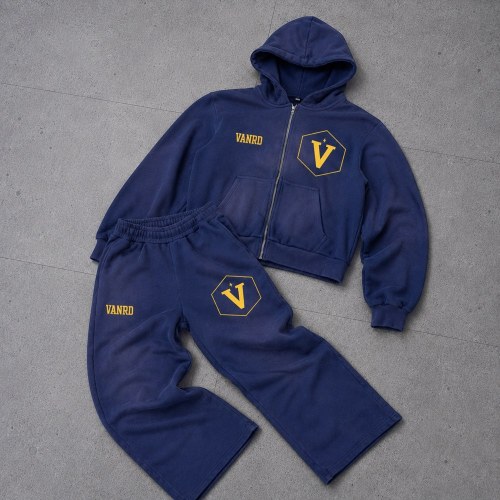 Custom Navy Blue Logo Zip Up Fleece Tracksuit