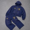 Custom Navy Blue Logo Zip Up Fleece Tracksuit