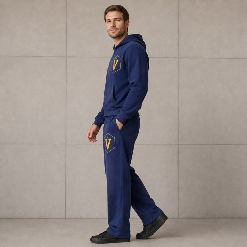 Custom Navy Blue Logo Zip Up Fleece Tracksuit
