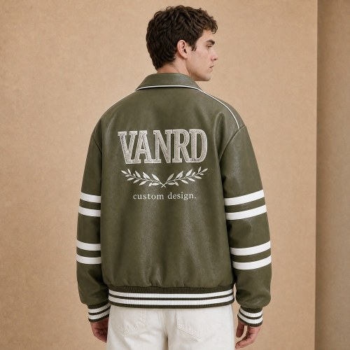 Custom Olive Green PU Leather White Stripe Varsity Jacket