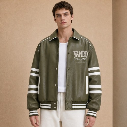 Custom Olive Green PU Leather White Stripe Varsity Jacket