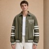 Custom Olive Green PU Leather White Stripe Varsity Jacket