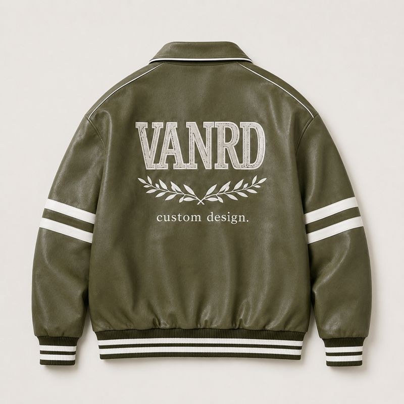 Custom Olive Green PU Leather White Stripe Varsity Jacket