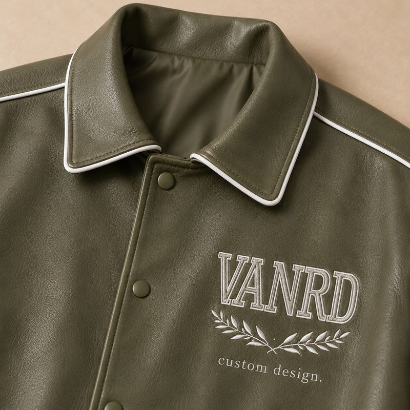 Custom Olive Green PU Leather White Stripe Varsity Jacket