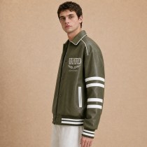 Custom Olive Green PU Leather White Stripe Varsity Jacket