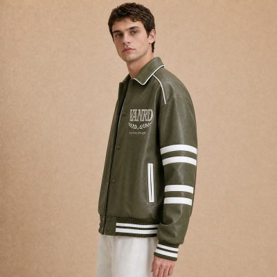 Custom Varsity Jackets in Olive PU Leather with White Stripe