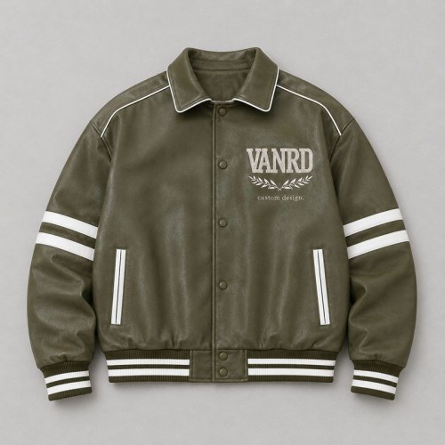 Custom Olive Green PU Leather White Stripe Varsity Jacket