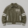 Custom Olive Green PU Leather White Stripe Varsity Jacket