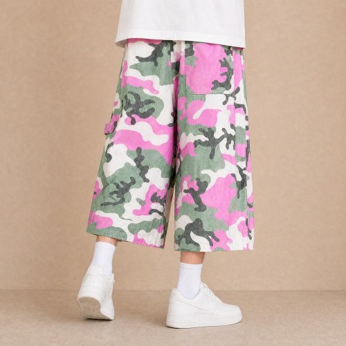 Custom Pink Green Camouflage Wide Leg Cargo Pants