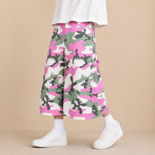 Custom Pink Green Camouflage Wide Leg Cargo Pants