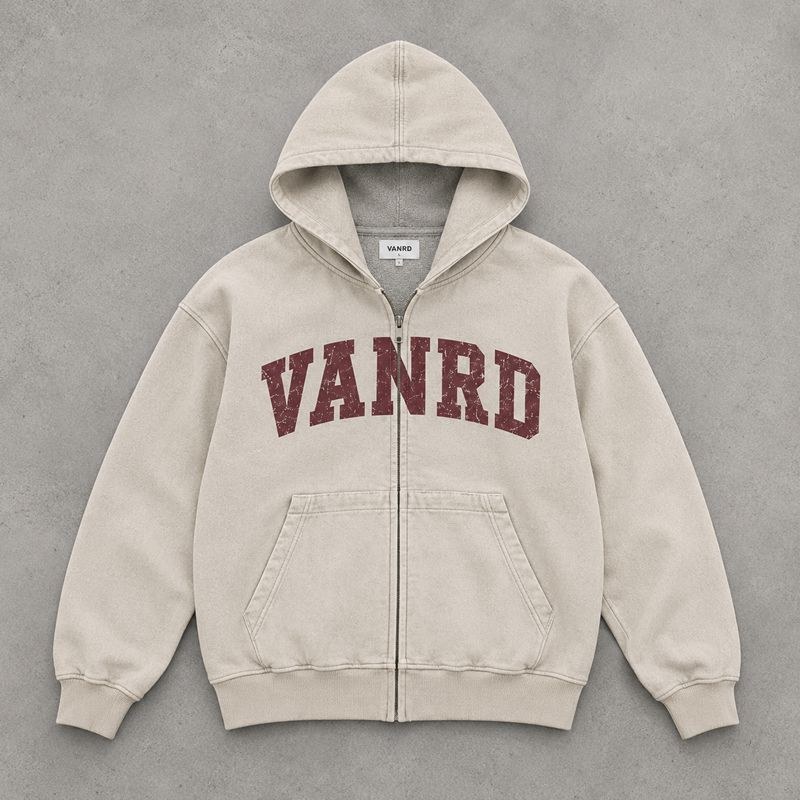 Custom Beige Washed Distressed Letter Print Zip Up Hoodie