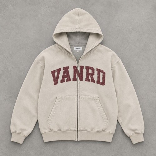 Custom Beige Washed Distressed Letter Print Zip Up Hoodie
