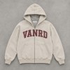 Custom Beige Washed Distressed Letter Print Zip Up Hoodie