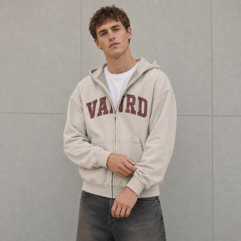 Custom Beige Washed Distressed Letter Print Zip Up Hoodie