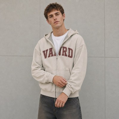 Custom Beige Washed Distressed Letter Print Zip Up Hoodie