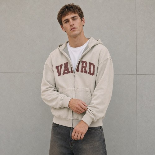 Custom Beige Washed Distressed Letter Print Zip Up Hoodie