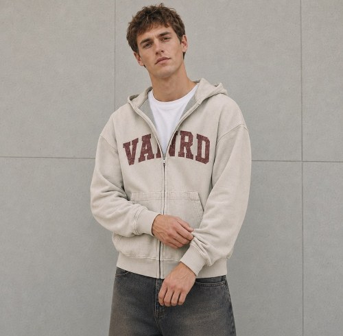 Custom Beige Washed Distressed Letter Print Zip Up Hoodie