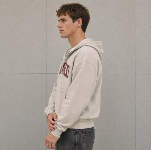 Custom Beige Washed Distressed Letter Print Zip Up Hoodie