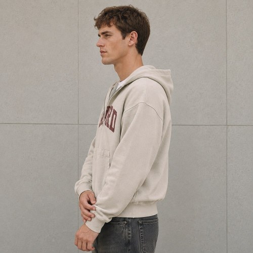 Custom Beige Washed Distressed Letter Print Zip Up Hoodie