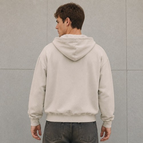 Custom Beige Washed Distressed Letter Print Zip Up Hoodie