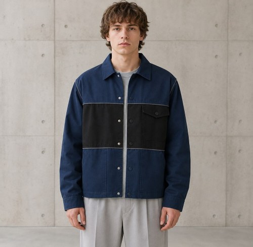Custom Navy Black Color Block Chest Pocket Work Jacket