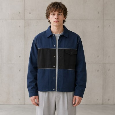Custom Navy Black Color Block Chest Pocket Work Jacket