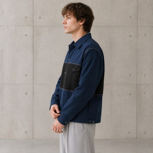Custom Navy Black Color Block Chest Pocket Work Jacket