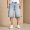 Custom Light Blue Wash Distressed Raw Hem Denim Shorts