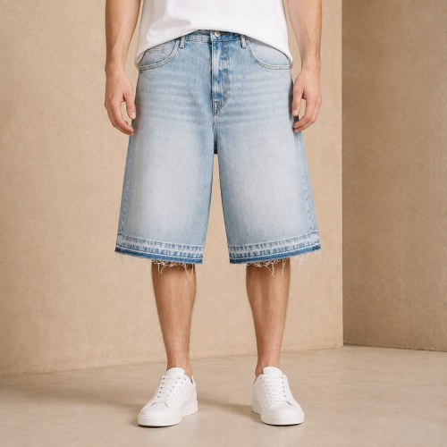 Custom Light Blue Wash Distressed Raw Hem Denim Shorts