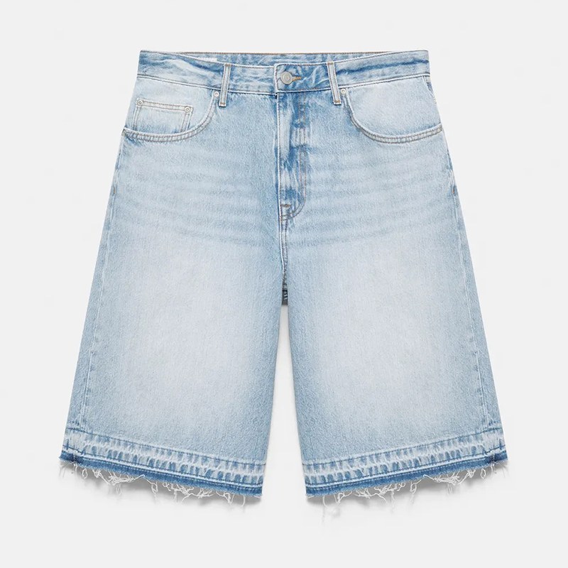 Custom Light Blue Wash Distressed Raw Hem Denim Shorts