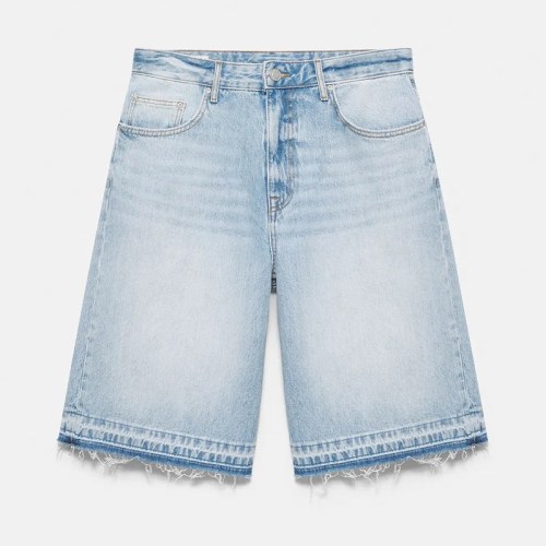 Custom Light Blue Wash Distressed Raw Hem Denim Shorts