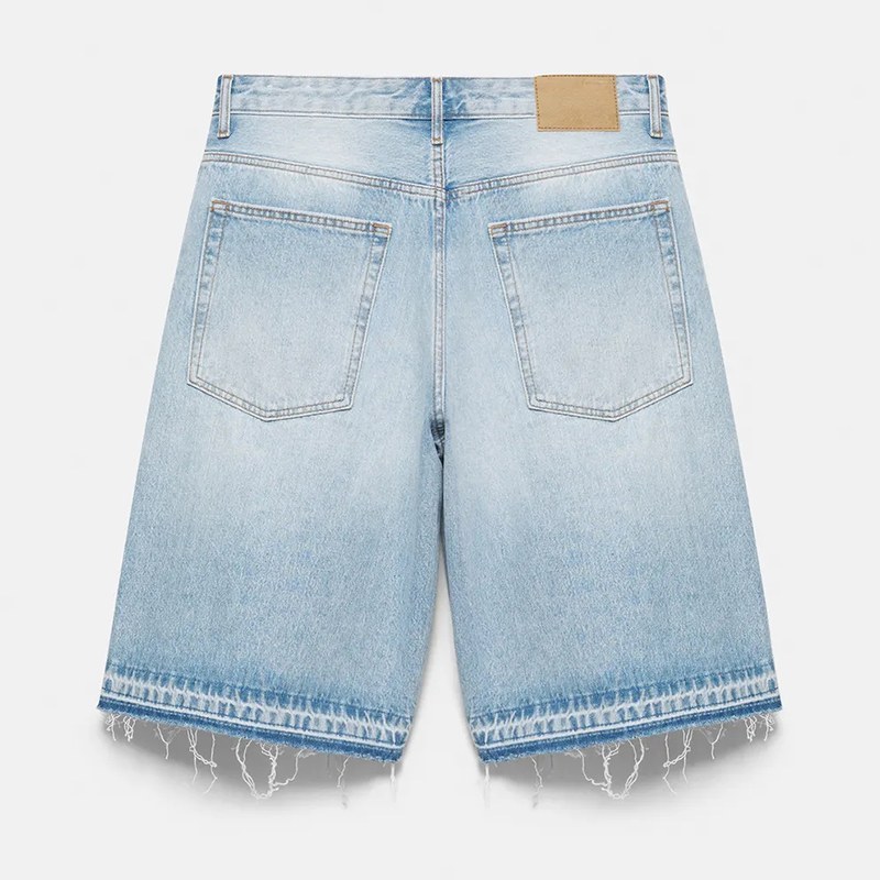 Custom Light Blue Wash Distressed Raw Hem Denim Shorts