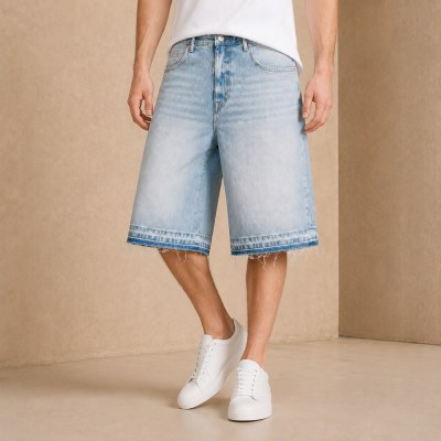 Custom Light Blue Wash Distressed Raw Hem Denim Shorts