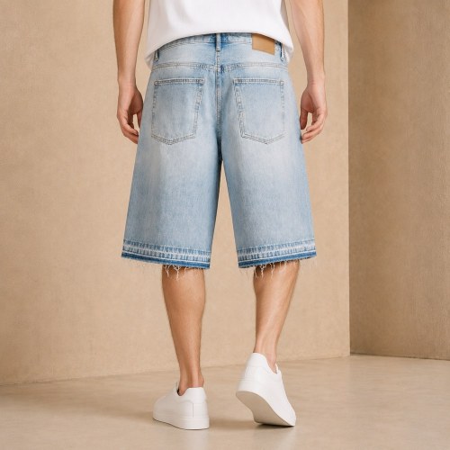 Custom Light Blue Wash Distressed Raw Hem Denim Shorts