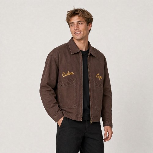 Custom Brown Cotton Canvas Embroidered Work Jacket