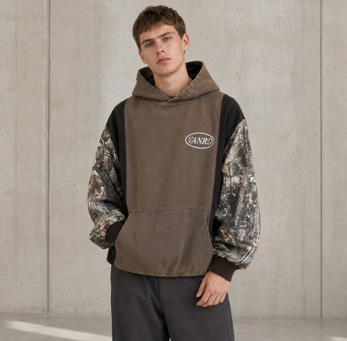 Custom Brown Camouflage Paneling Pullover Hoodie
