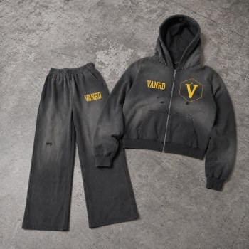 Custom Charcoal Washed Distressed Zip Up Fleece Tracksuit