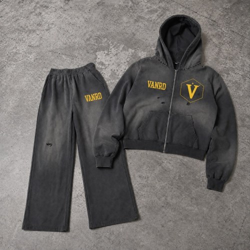 Custom Charcoal Washed Distressed Zip Up Fleece Tracksuit